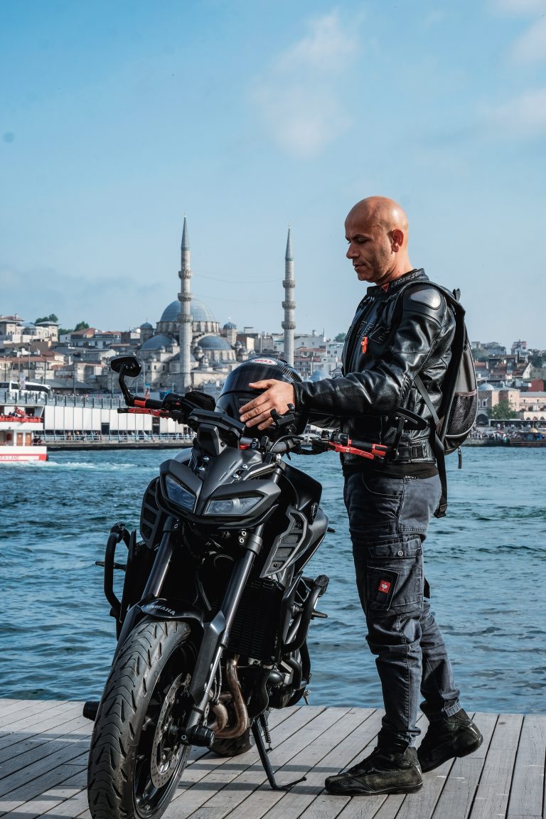 bald man motorcycle helmet